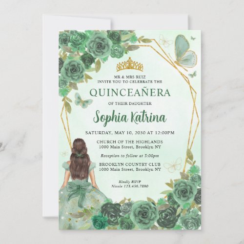 Girly Dusty Green Gold Floral Princess Quinceaera Invitation