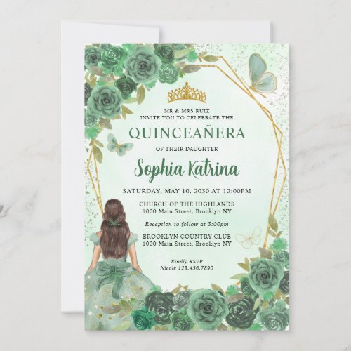 Girly Dusty Green Gold Floral Princess Quinceaera Invitation