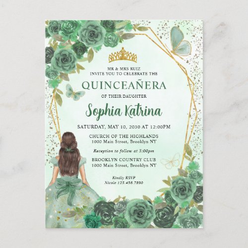 Girly Dusty Green Gold Floral Princess Quinceaera Invitation Postcard