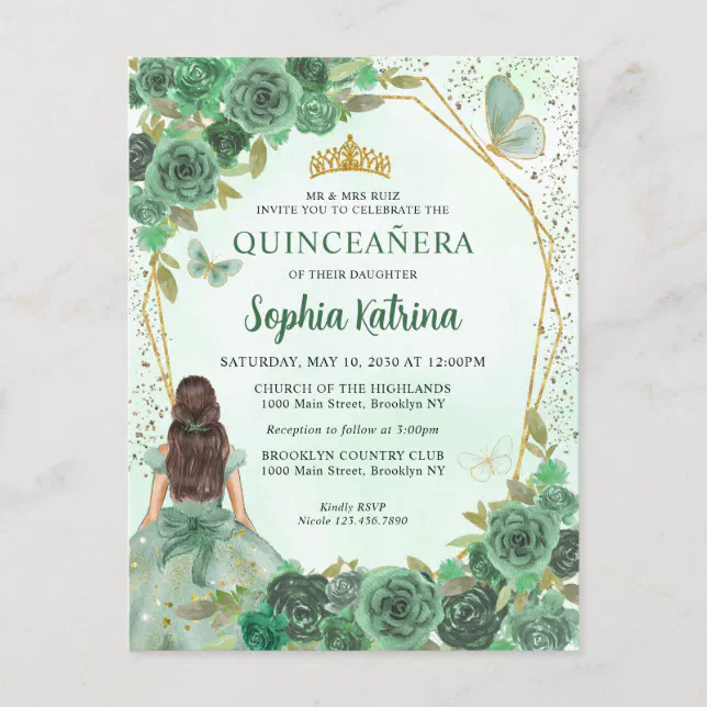 Girly Dusty Green Gold Floral Princess Quinceañera Invitation Postcard ...