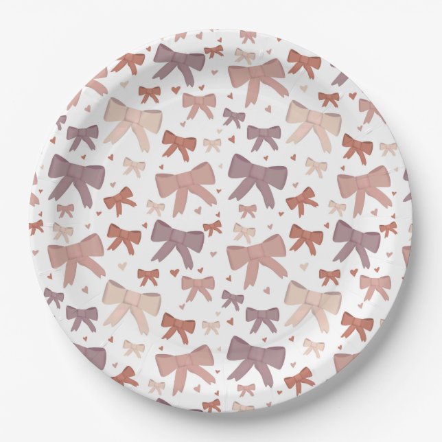 Girly Dusty Pink Bows And Little Hearts  Paper Plates (Front)