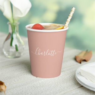 Girly dusty pink custom script name stylish chic paper cups