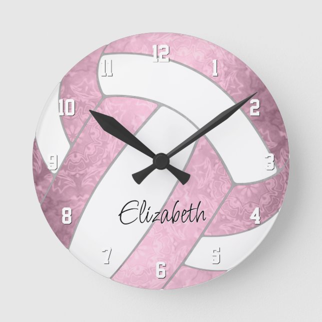 girly dusty pink custom sports gifts volleyball round clock (Front)
