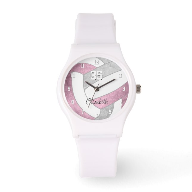 girly dusty pink gray personalized volleyball watch (Front)