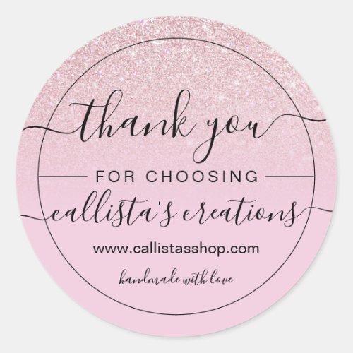 Girly Dusty Pink Rose Glitter Ombre Thank You Classic Round Sticker