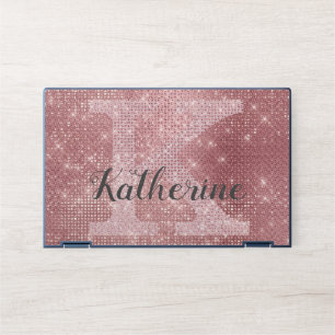 Girly Dusty Pink Rose Gold Sparkle Monogram Name HP Laptop Skin