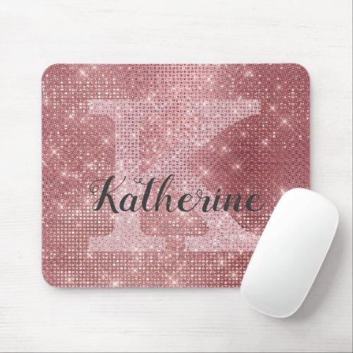 Girly Dusty Pink Rose Gold Sparkle Monogram Name Mouse Pad