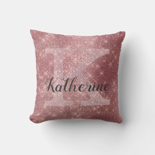 Girly Dusty Pink Rose Gold Sparkle Monogram Name Throw Pillow