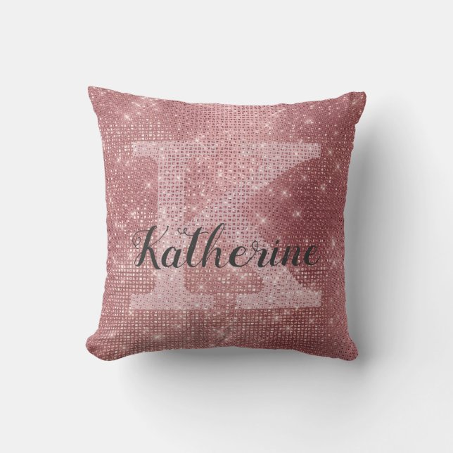 Girly Dusty Pink Rose Gold Sparkle Monogram Name Throw Pillow (Front)
