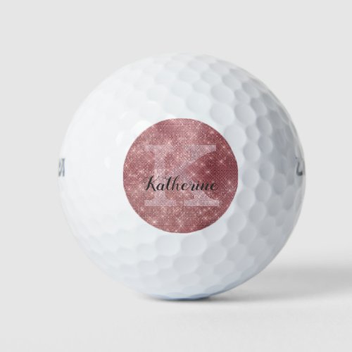 Girly Dusty Rose Gold Cool Diamond Monogram Name Golf Balls