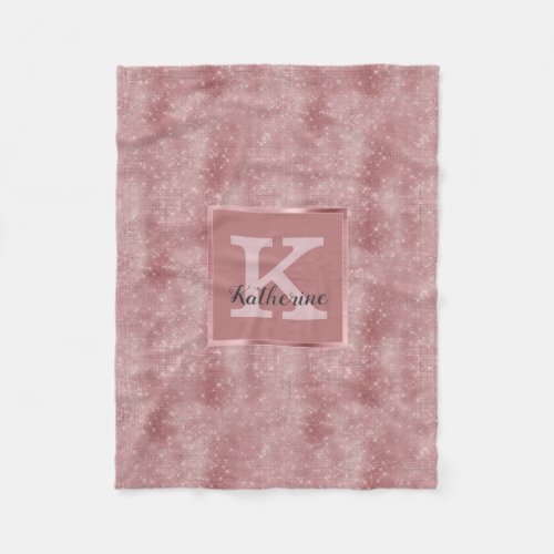 Girly Dusty Rose Gold Glam Diamond Monogram Name Fleece Blanket