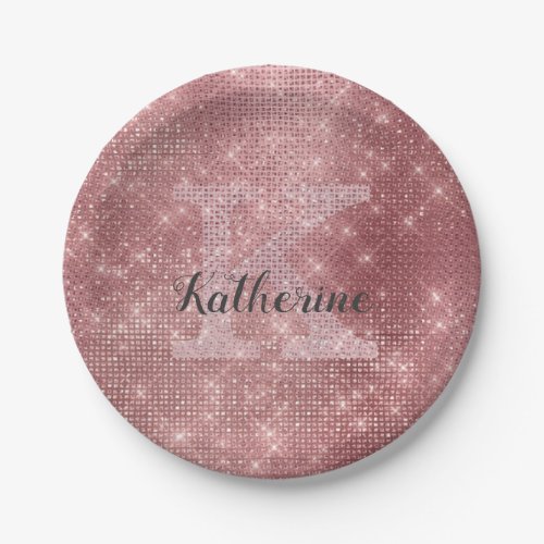 Girly Dusty Rose Gold Glam Sparkle Monogram Name Paper Plates