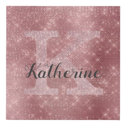 Girly Dusty Rose Gold Pink Diamond Monogram Name Faux Canvas Print