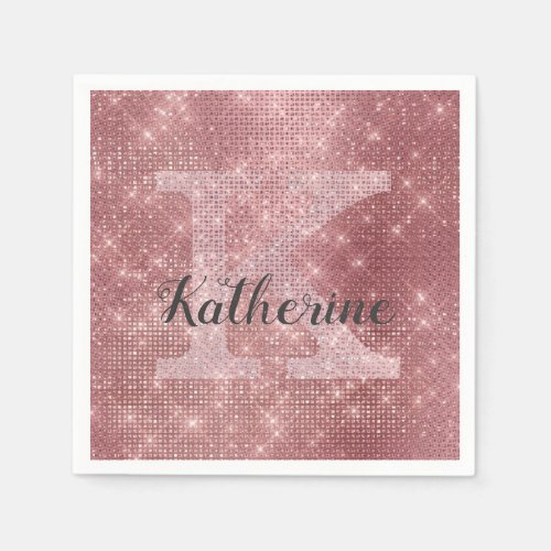 Girly Dusty Rose Gold Pink Diamond Monogram Name Napkins