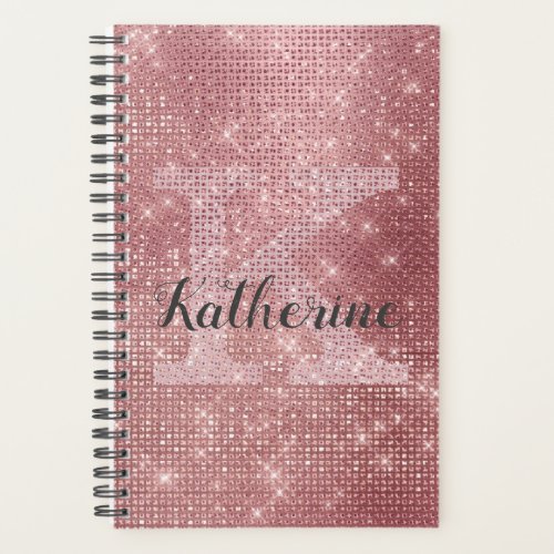 Girly Dusty Rose Gold Pink Diamond Monogram Name Planner