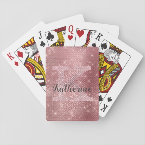 Girly Dusty Rose Gold Pink Diamond Monogram Name Poker Cards