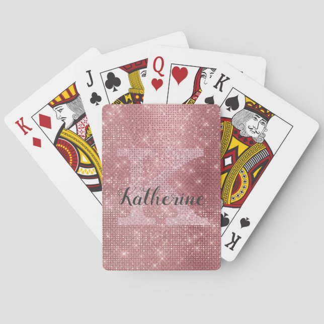 Girly Dusty Rose Gold Pink Diamond Monogram Name Poker Cards (Back)