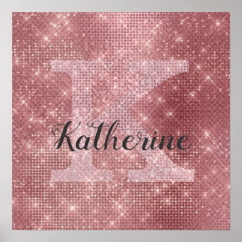 Girly Dusty Rose Gold Pink Diamond Monogram Name Poster