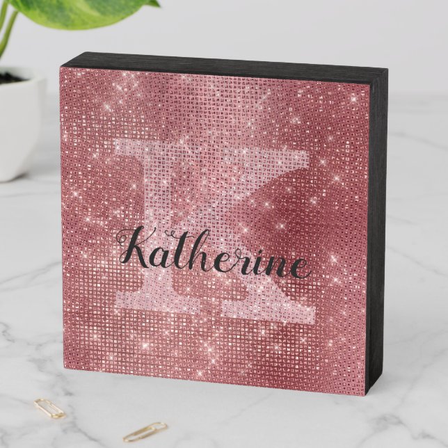 Girly Dusty Rose Gold Pink Diamond Monogram Name Wooden Box Sign (In Situ Horizontal)