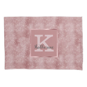 Girly Dusty Rose Gold Pink Sparkle Monogram Name Pillow Case