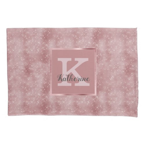 Girly Dusty Rose Gold Pink Sparkle Monogram Name Pillow Case