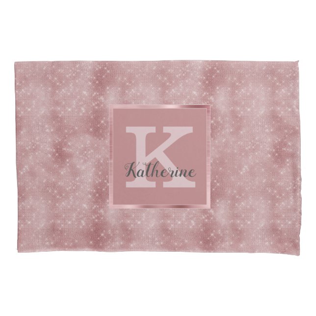 Girly Dusty Rose Gold Pink Sparkle Monogram Name Pillow Case (Front)