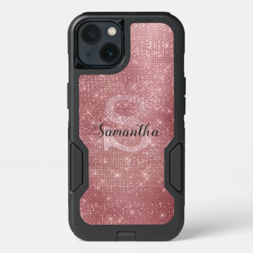 Girly Dusty Rose Gold Sparkle Cute Monogram Name iPhone 13 Case