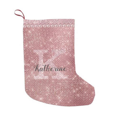 Girly Dusty Rose Gold Sparkle Fun Holiday Monogram Small Christmas Stocking