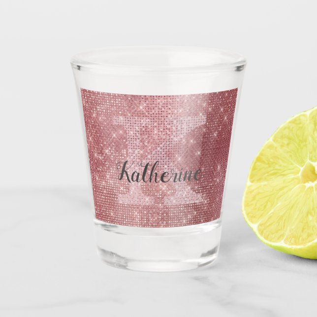 Girly Dusty Rose Gold Sparkle Fun Monogram Name Shot Glass (Front)
