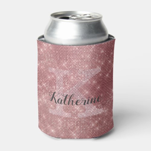 Girly Dusty Rose Gold Sparkle Glam Monogram Name Can Cooler