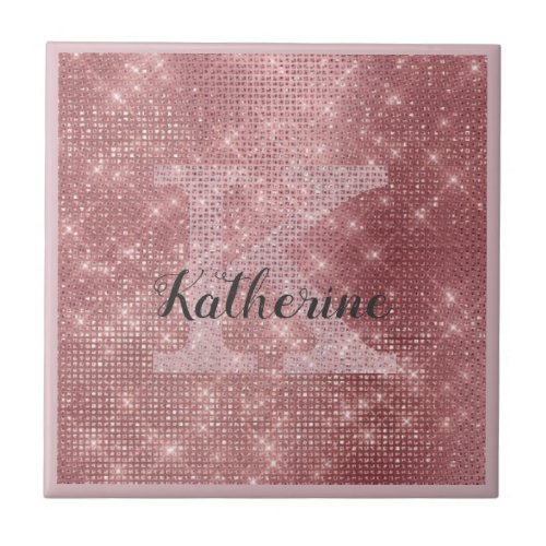 Girly Dusty Rose Gold Sparkle Glam Monogram Name Ceramic Tile