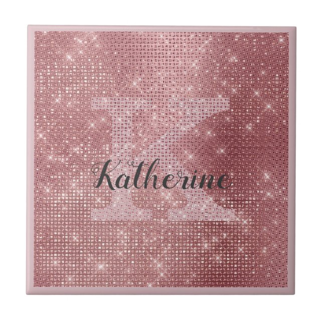 Girly Dusty Rose Gold Sparkle Glam Monogram Name Ceramic Tile (Front)