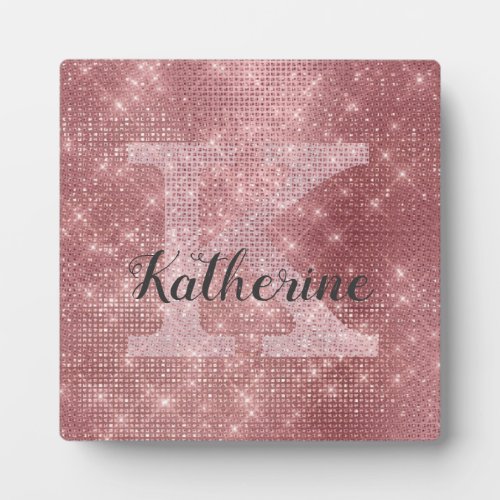 Girly Dusty Rose Gold Sparkle Glam Monogram Name Plaque