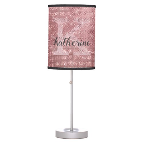 Girly Dusty Rose Gold Sparkle Glam Monogram Name Table Lamp