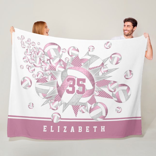 girly dusty rose gray volleyballs and stars fleece blanket (In Situ)