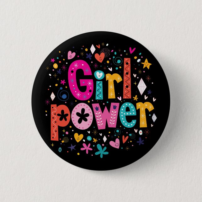 Girly Eclectic Flower Girl Power Black Button (Front)