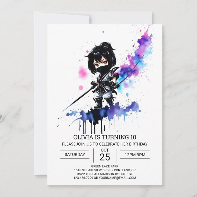 Girly Editable Ninja Girl Birthday Invitation (Front)