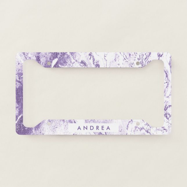 Girly Elegant Abstract Purple Marble Chic Name License Plate Frame (Front)