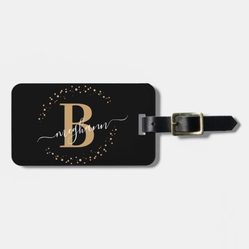 Girly Elegant Black Black Name Monogram Script Luggage Tag