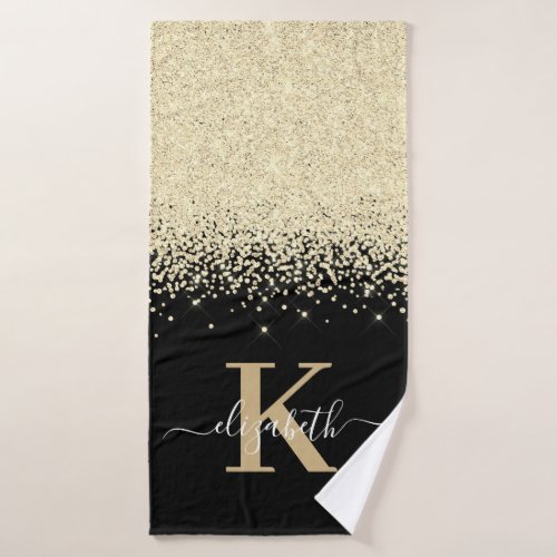 Girly Elegant Black Gold Glitter Script Monogram Bath Towel