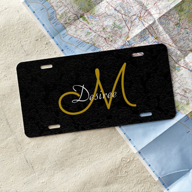 Girly Elegant Black Gold Modern Monogram License Plate (In Situ)
