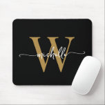 Girly Elegant Black Gold Monogram Name Script Mouse Pad<br><div class="desc">Girly Elegant Black And Gold Simple Minimalist Monogram Initial Name Signature Script Custom Personalized mousepad. This simple minimalist plain color design featuring your first name in a pretty hand lettered swash tail font typography (or calligraphy), monogram initial. These are easy to customize. Great stylish feminine gift for birthday, mother’s day,...</div>