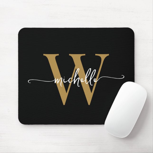 Girly Elegant Black Gold Monogram Name Script Mouse Pad (With Mouse)