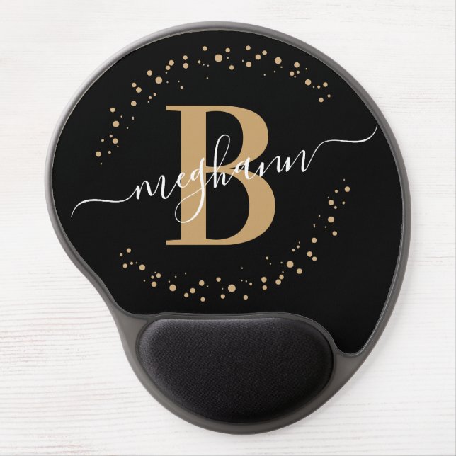 Girly Elegant Black Gold Name Monogram Script Gel Mouse Pad (Front)