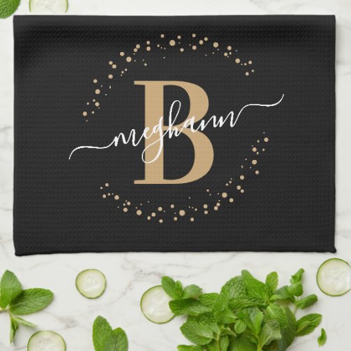 Girly Elegant Black Gold Name Monogram Script Kitchen Towel