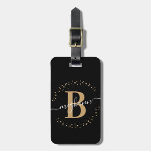Girly Elegant Black Gold Name Monogram Script Luggage Tag