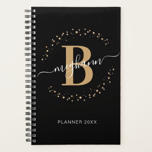 Girly Elegant Black Gold Name Monogrammed Planner