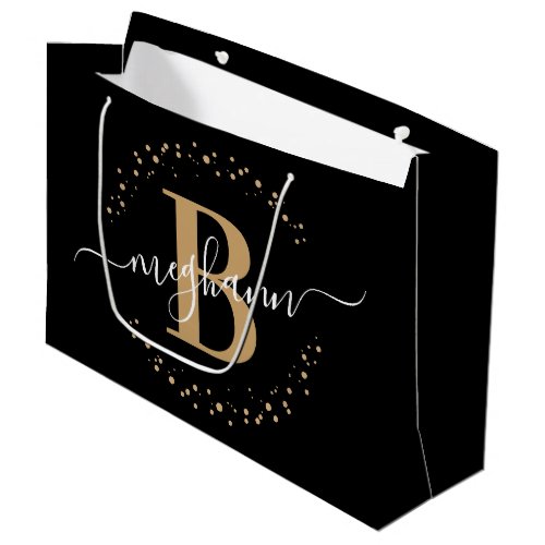 Girly Elegant Black Gold Name Monogrammed Script Large Gift Bag