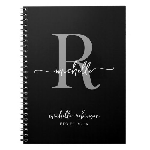 Girly Elegant Black Gray Cookbook Recipe Monogram Notebook