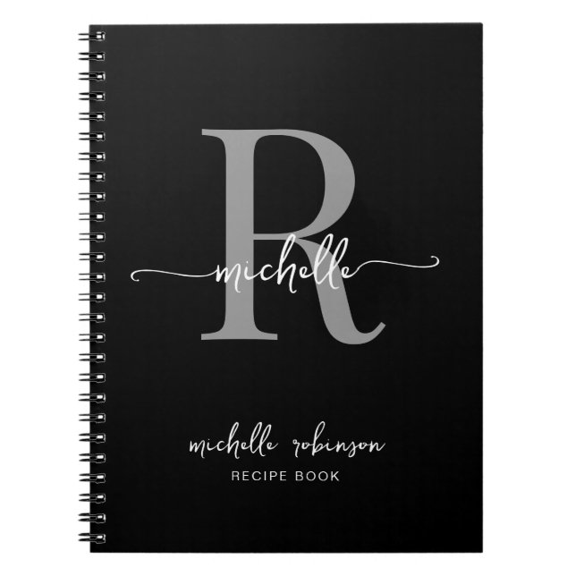 Girly Elegant Black Gray Cookbook Recipe Monogram Notebook (Front)